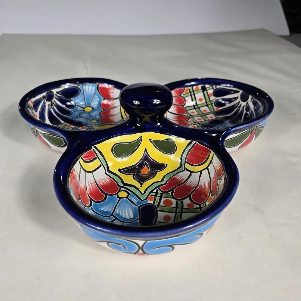 Mexican Talavera Salsera Dip/Chip Bowl Lead Free 1.5x9.5x9.5 Inches Colorful Art